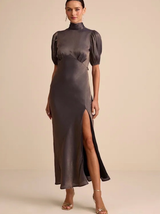 Lulus Dresses & Skirts - Lulu's Metallic Taupe High-Neck Maxi Dress with Puff Sleeves